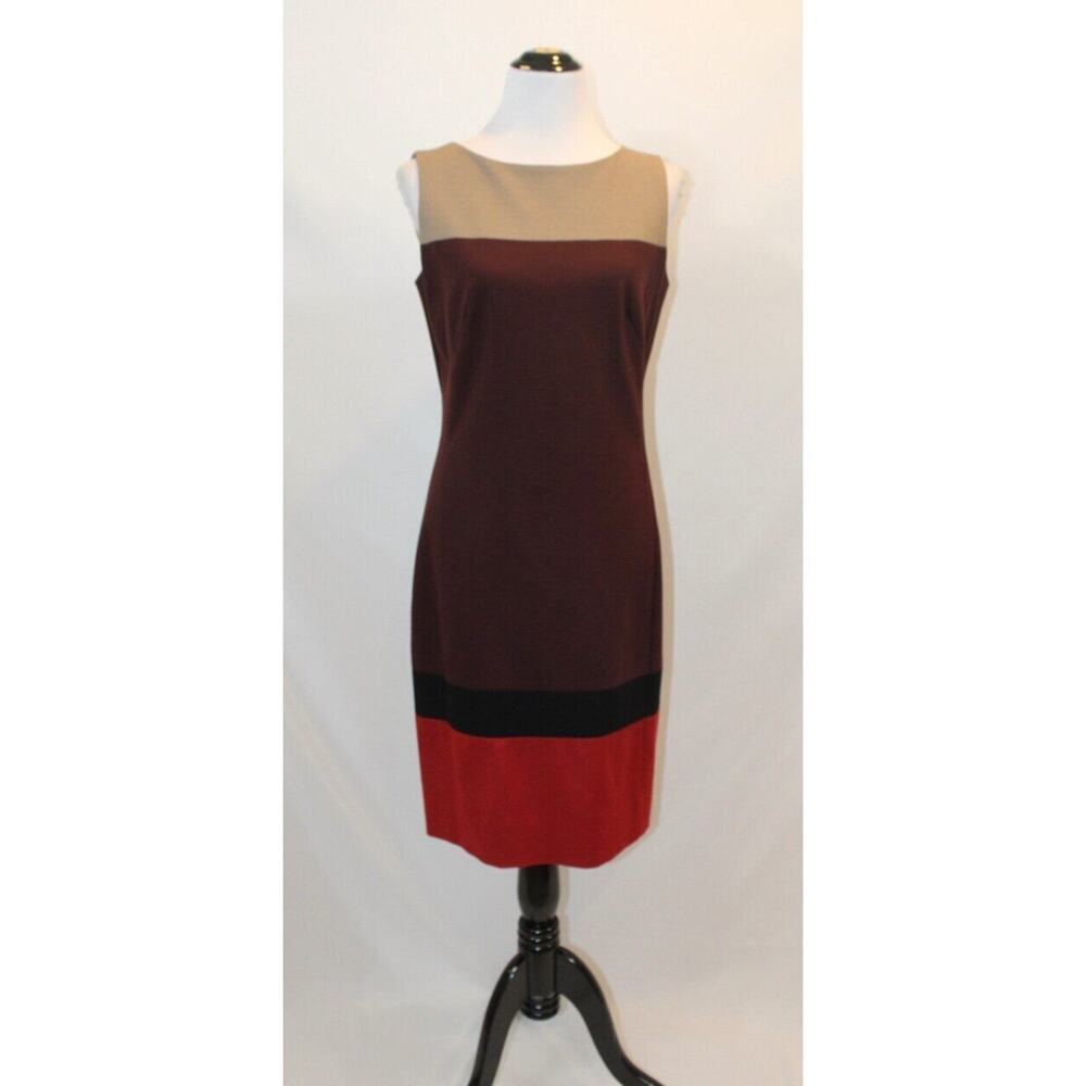 AKRIS PUNTO Sz US 8 Tan Maroon Red Fall Sheath Dress Viscose Wool Blend